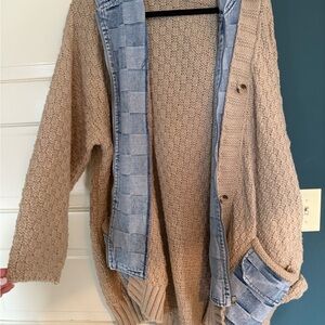 Cozy Tan Knit Cardigan with Denim Accents